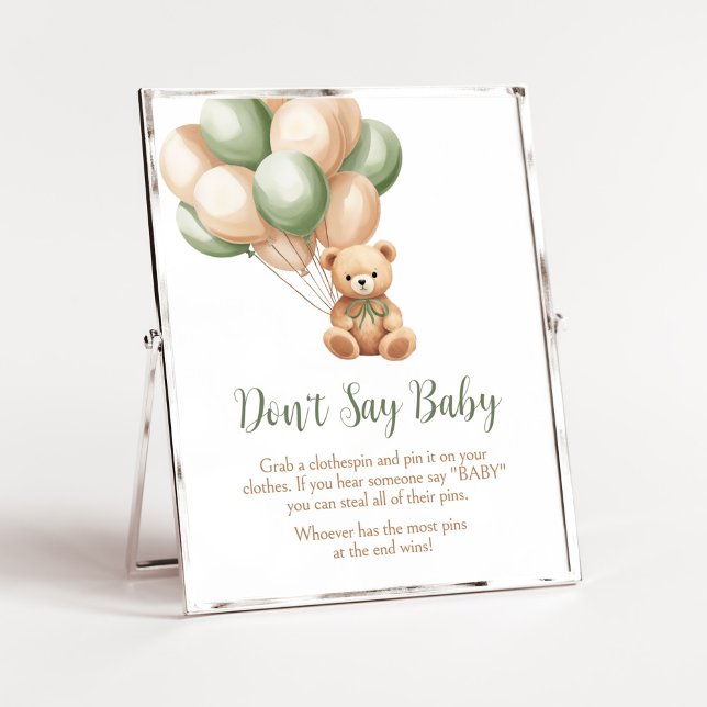 Poster Sage Green Bear Balloon Chá de fraldas Não diga be (Green Boho Bear Baby Shower Don't Say Baby Sign)