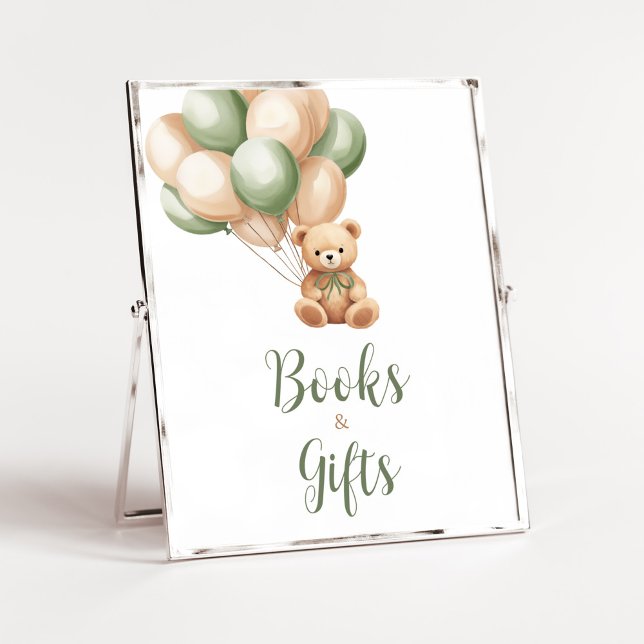 Poster Sage Green Bear Balloon Livros e presentes (Green Boho Bear Baby Shower Books and Gifts Sign)