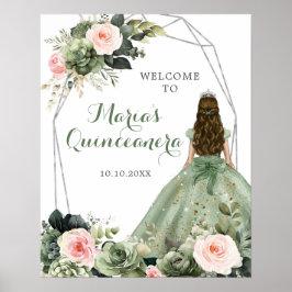 Poster Sage Green Blush Rosa Floral Quinceañera Bem-vindo