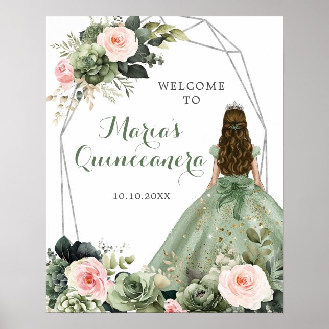 Poster Sage Green Blush Rosa Floral Quinceañera Bem-vindo (Frente)