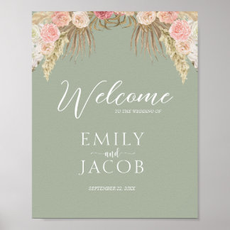 Poster Sage Green Boho Floral Whimsical Wedding Bem-vindo