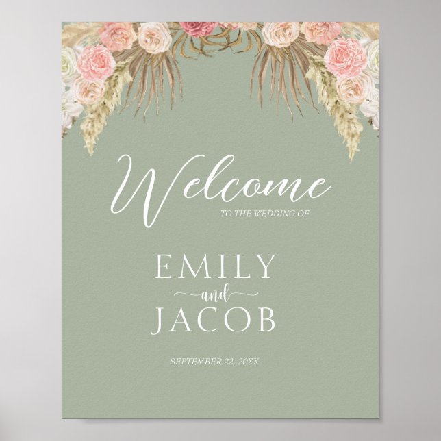 Poster Sage Green Boho Floral Whimsical Wedding Bem-vindo (Frente)