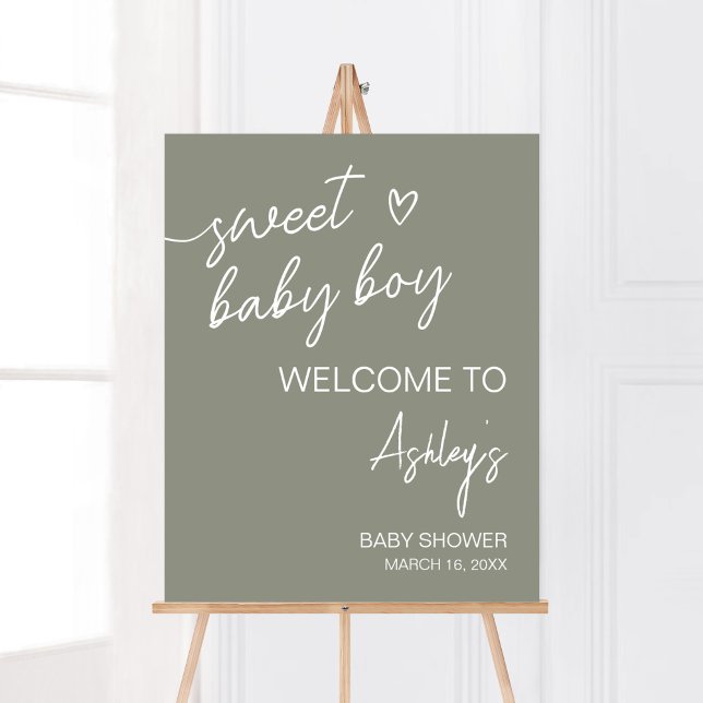Poster Sage Green Boho Minimalista Welcome (Sweet Baby Boy Boho Baby Shower Welcome Sign)