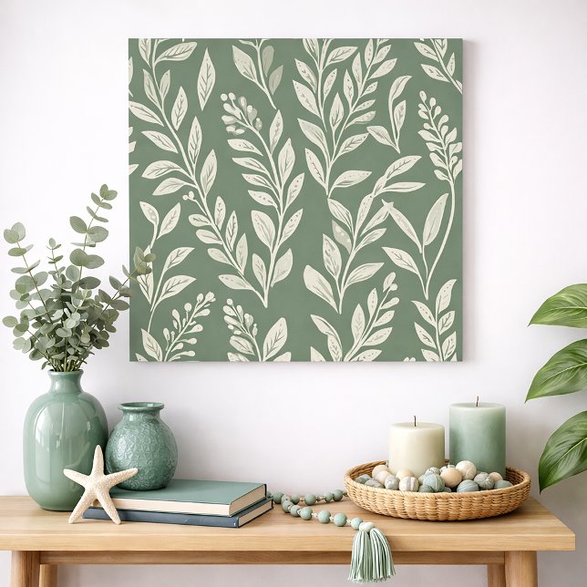Poster Sage Green Botanical Leaf Pattern Wall Art (Sage green and cream leaves art print)