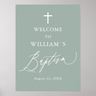 Poster Sage Green Cross Boy Baptism Sinal de boas-vindas