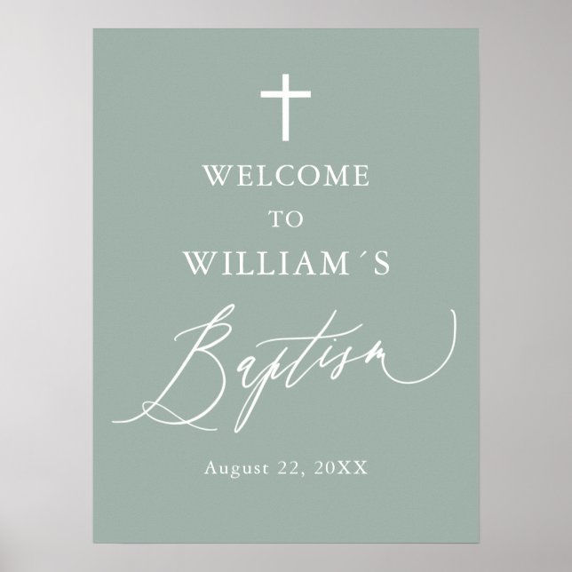 Poster Sage Green Cross Boy Baptism Sinal de boas-vindas (Frente)
