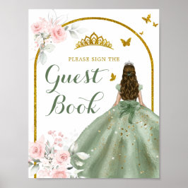 Poster Sage Green Dourada Floral Quinceañera Guest Book