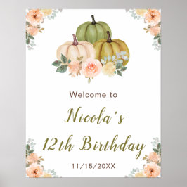 Poster Sage Green e Peach Floral Pumpkins Aniversário