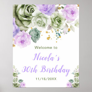 Poster Sage Green e Purple Floral Birthday bem-vindos