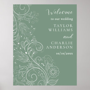 Poster Sage Green Elegant Floral Weding Welcome