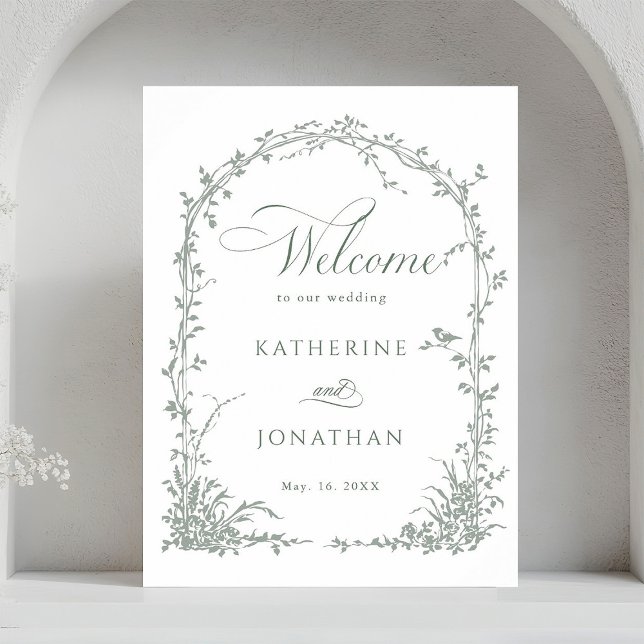 Poster Sage Green Floral Arch Garden Wedding Welcome  (Criador carregado)