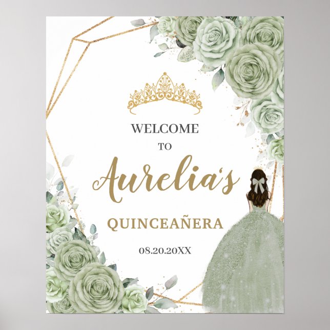 Poster Sage Green Floral Quinceañera Geométrico Bem-vindo (Frente)