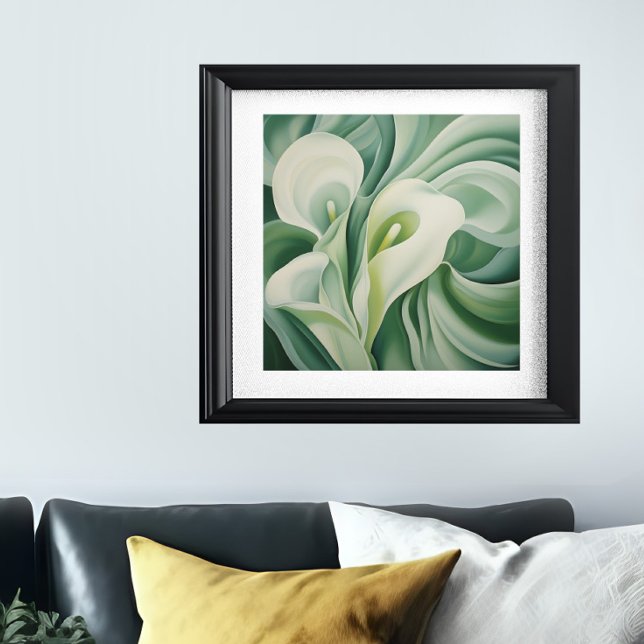 Poster Sage Green Floral Semi-Abstrato (Sage green semi-abstract floral print is shown in a frame on a wall)