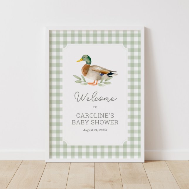 Poster Sage Green Gingham Duck Chá de fraldas Sinal de Bo (Criador carregado)