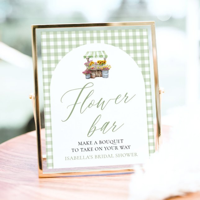 Poster Sage Green Gingham Fresco Do Bar De Flor Do Mercad (Sage Green Gingham Fresh Off The Market Flower Bar Sign)