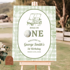Poster Sage Green Gingham Golf 1st Birthday Welcome Sign