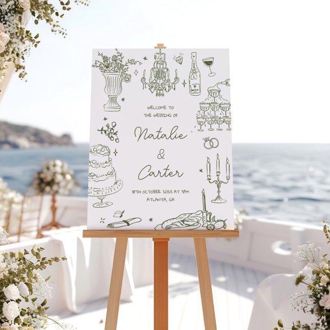 Póster Sage Green Hand Drawn Whimsical Wedding (Criador carregado)