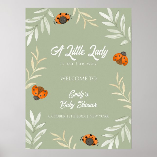 Poster Sage Green Ladybug Greenery Chá de fraldas Bem-vin (Frente)