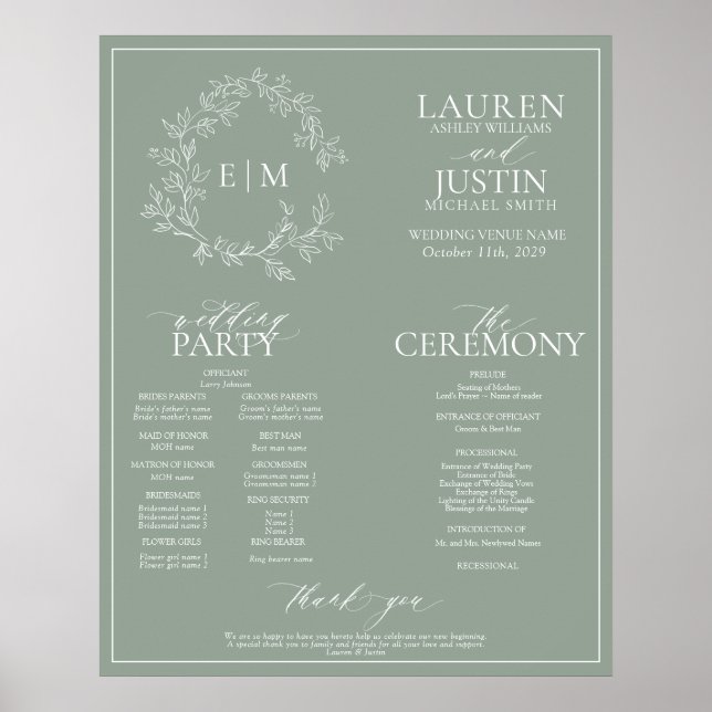 Poster Sage Green Leafy Crest Monogramas (Frente)
