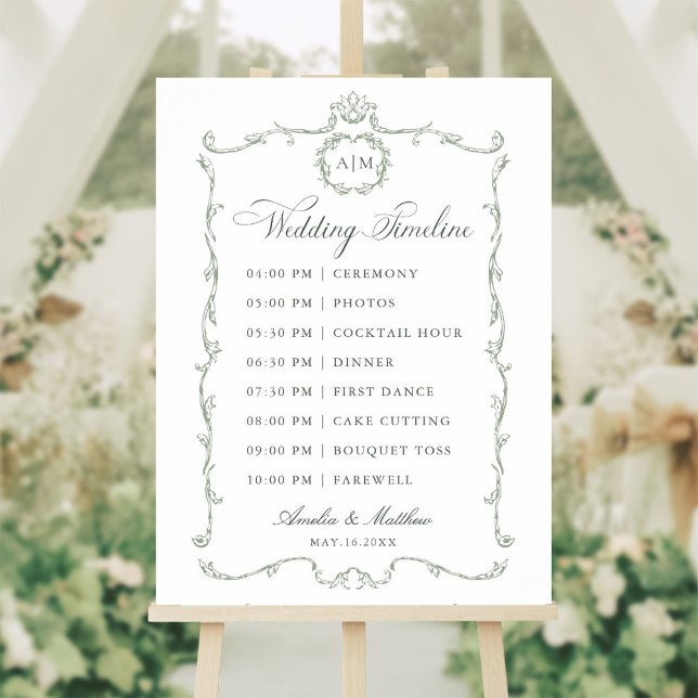 Poster Sage Green Modern Classic French Wedding Timeline (Criador carregado)
