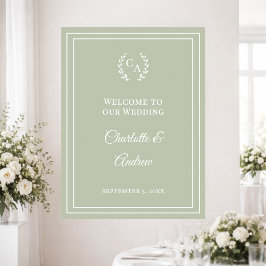 Poster Sage green monogrammed elegant wedding welcome