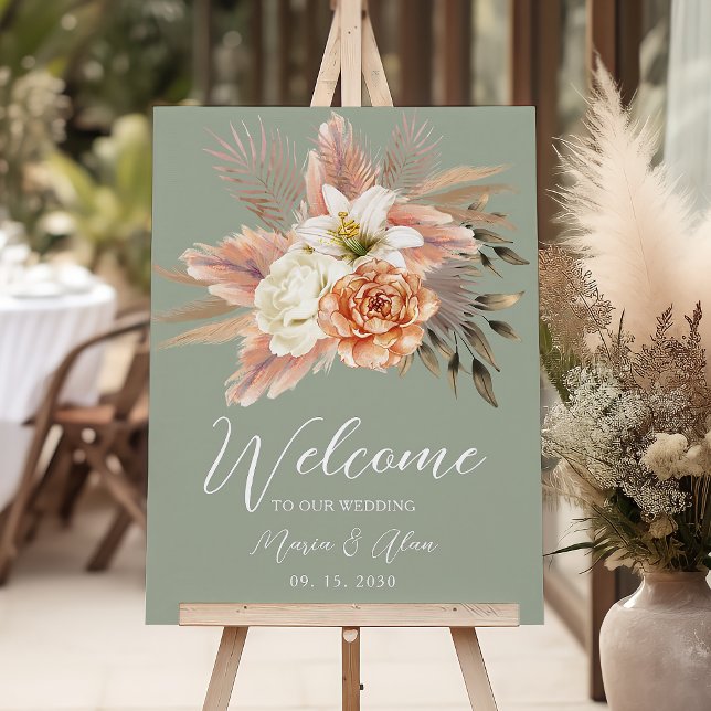 Poster Sage Green Peach Floral Weding Sinal de Boas-vinda (Criador carregado)
