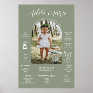 Poster Sage Green Photo First Birthday Milestone