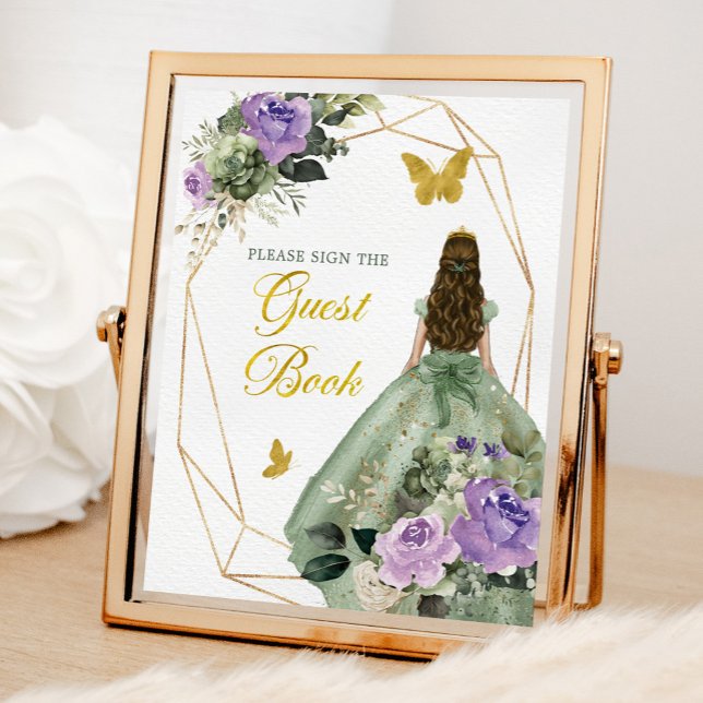 Poster Sage Green Purple Quinceañera Guest Book (Criador carregado)