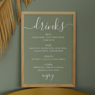 Poster Sage green script de casamento bebidas alcoólicas 