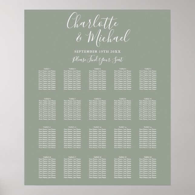 Poster Sage Green Signature Wedding Seating Chart (Frente)