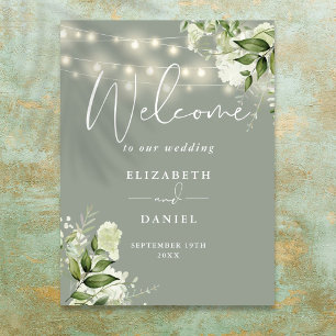 Poster Sage Green String Lights Floral Weding Bem-vindo