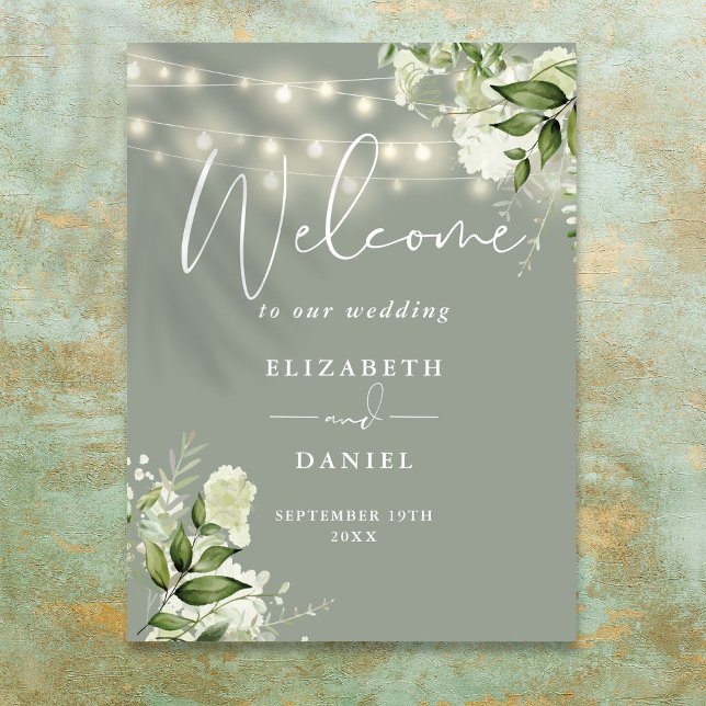 Poster Sage Green String Lights Floral Weding Bem-vindo (Sage Green String Lights Floral Wedding Welcome Poster)