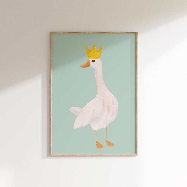 Poster Sage Green Watercolor Bobo Goose Nursery (A  white goose wearing a golden crown on a sage green background.)