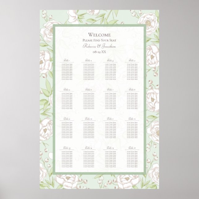 Poster Sage Green White Rose Wedding Seating Chart (Frente)