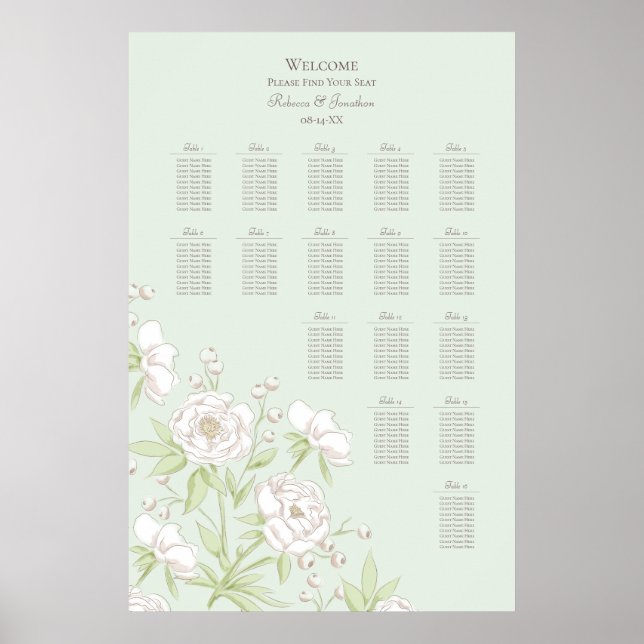 Poster Sage Green White Rose Wedding Seating Chart (Frente)