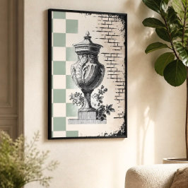 Poster Sage Verde Xadrez Urna Clássica Esboço Vintage 