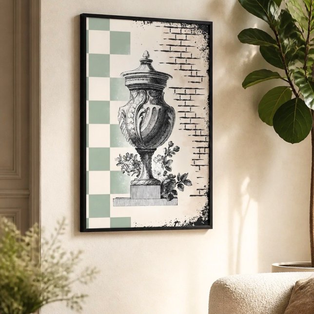 Poster Sage Verde Xadrez Urna Clássica Esboço Vintage  (Criador carregado)
