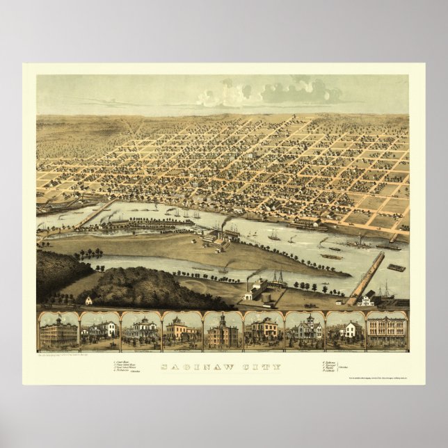 Póster Saginaw, MI Panorâmica Map - 1867 (Frente)