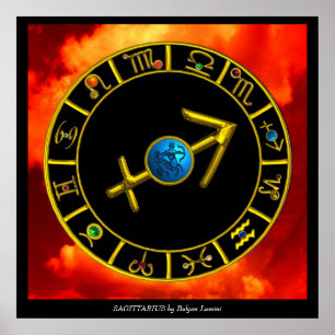 PÓSTER SAGITÁRIO / CÍRCULO DE SIGNOS DO ZODIÁCO DOURADO,