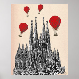 Póster Sagrada Família e Balões de Ar Quente Vermelho