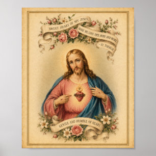Poster Sagrado Coração de Jesus Vintage com a Oração de S
