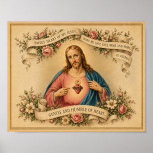 Poster Sagrado Coração de Jesus Vintage com a Oração de S