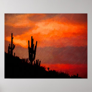 Poster Saguaro Cactus Silhout Arizona Vermelho Sunset