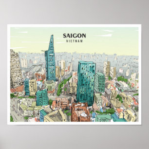 Poster Saigon Vietnam Sketch Art Viagens vintage