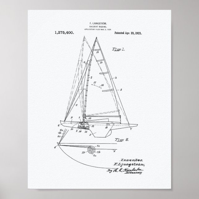 Póster Sailboat Rigging 1921 - Patent Art - White Paper (Frente)