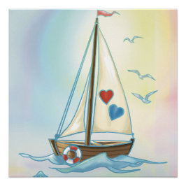 Póster Sailing Hearts – Minimalist Boat with Love Sails