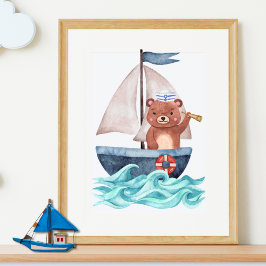 Poster Sailor Bear Boat Waves Nautical Summer Boy Nursery