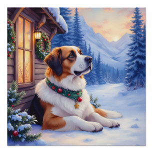 Póster Saint Bernard Lodge de Montanha Natal Cachorro