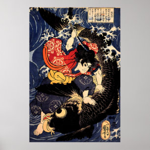 Poster Saito Oniwakamaru matando carpa gigante Kuniyoshi