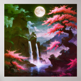 Poster Sakora tree-Moonlit Waterfall with Cherr-pink